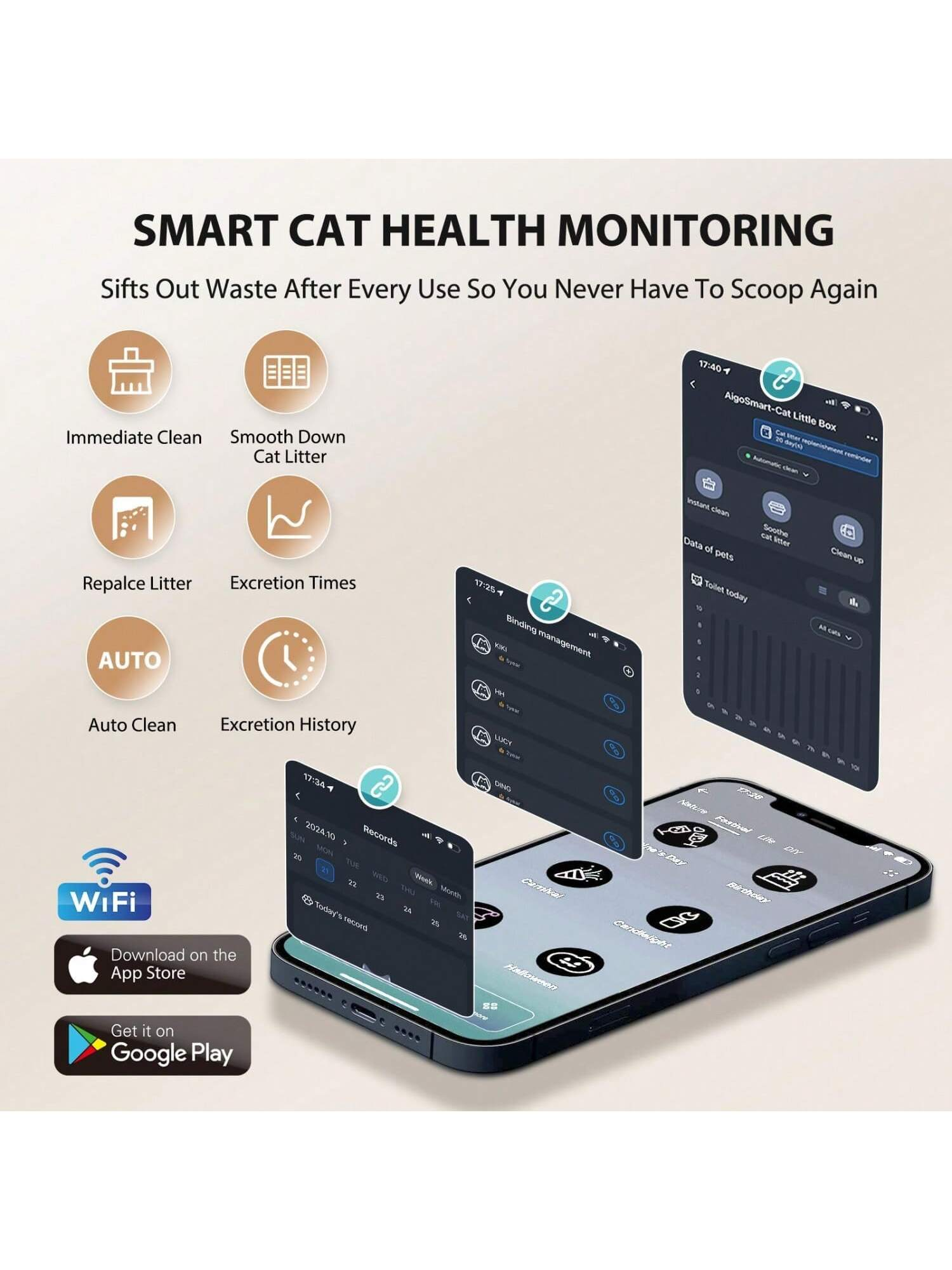 Pantalla de smartphone que muestra una aplicación de monitoreo de salud para gatos. Teléfono negro, fondo blanco.