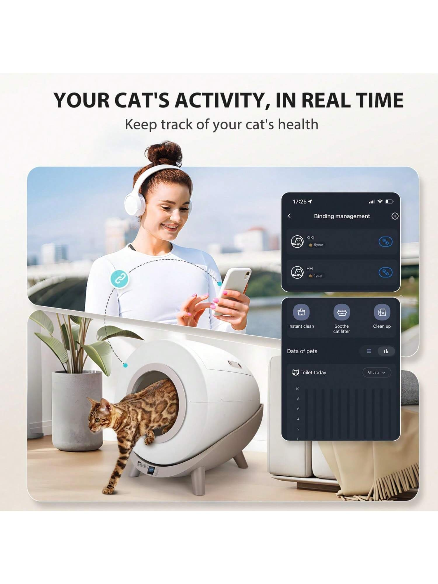 Mujer usando teléfono, gato entrando en arenero. App muestra datos actividad del gato.