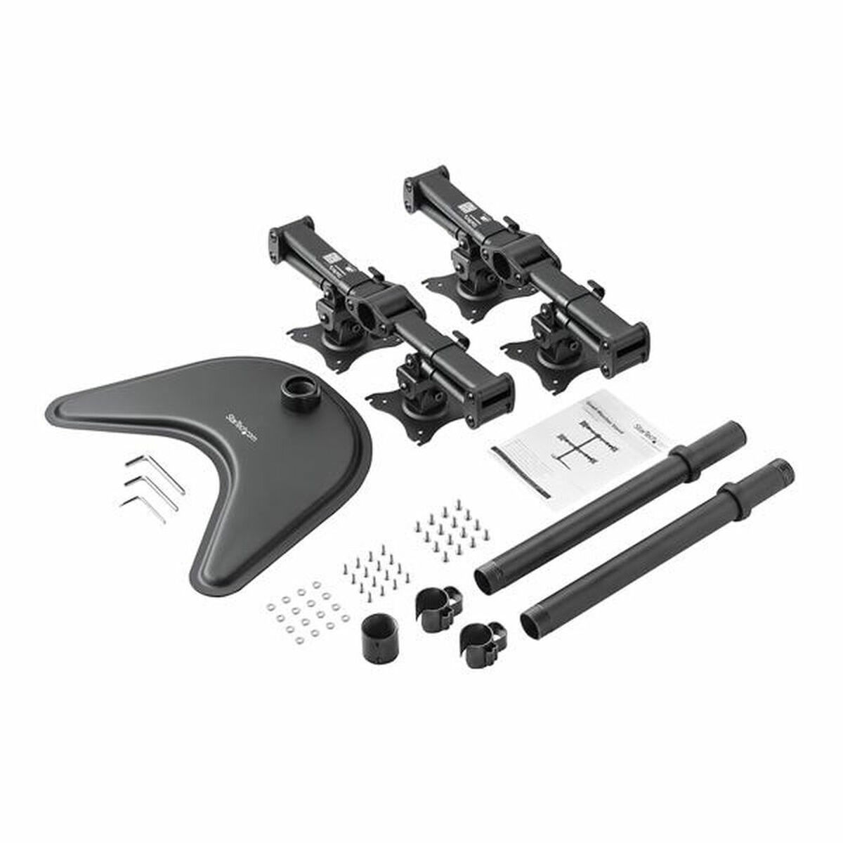 Divers bras de moniteur noirs, une base, des vis et des supports sont disposés sur une surface blanche.