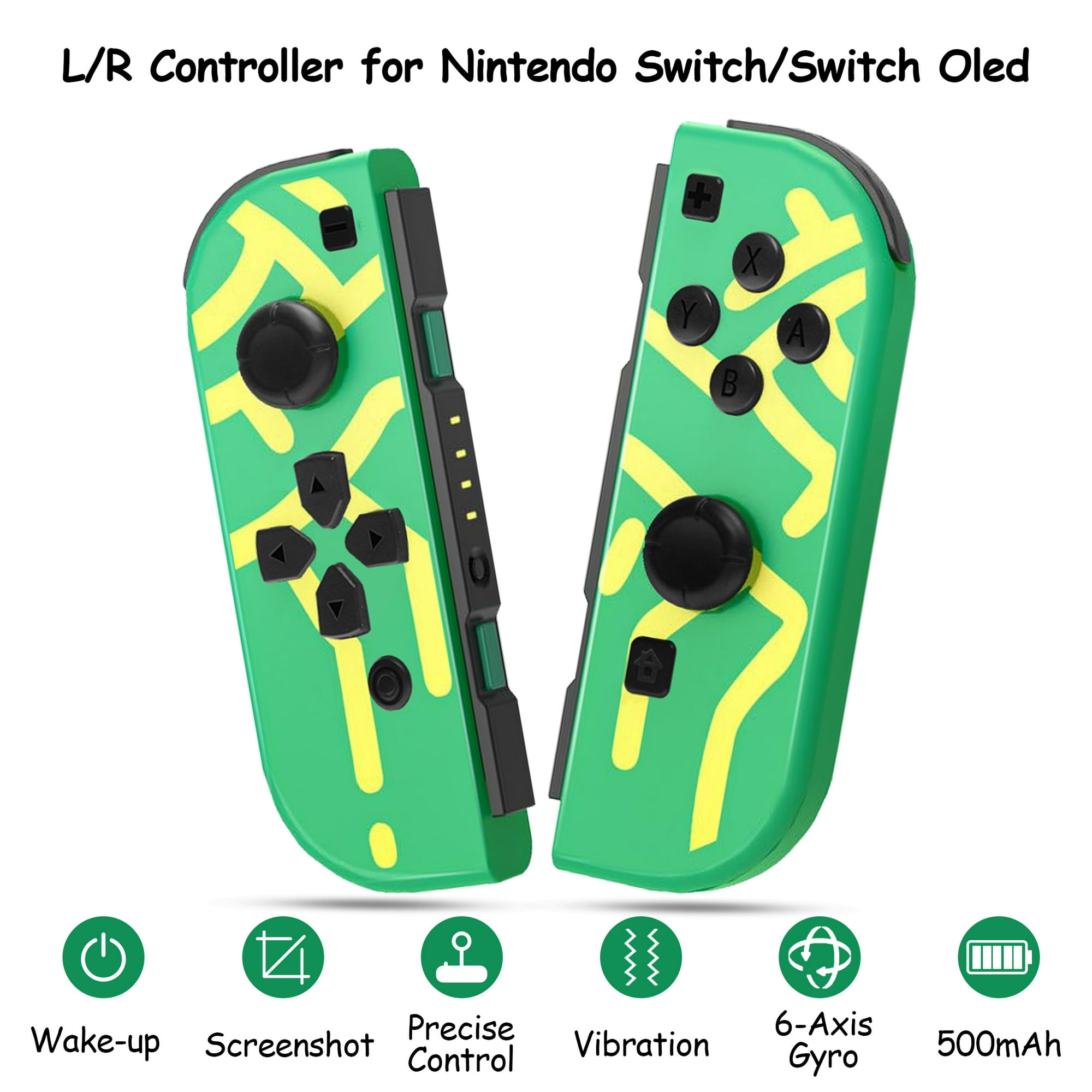 Grüne und gelbe Nintendo Switch-Controller. Zu den Funktionen gehören Wake-up, Screenshot, präzise Steuerung, Vibration, 6-Achsen-Gyro und 500mAh.