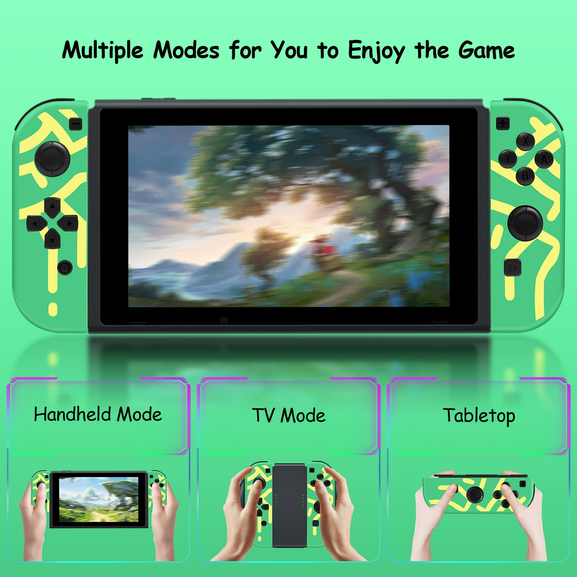 Eine grüne Nintendo Switch mit gelben Akzenten zeigt drei Modi: Handheld, TV und Tabletop.