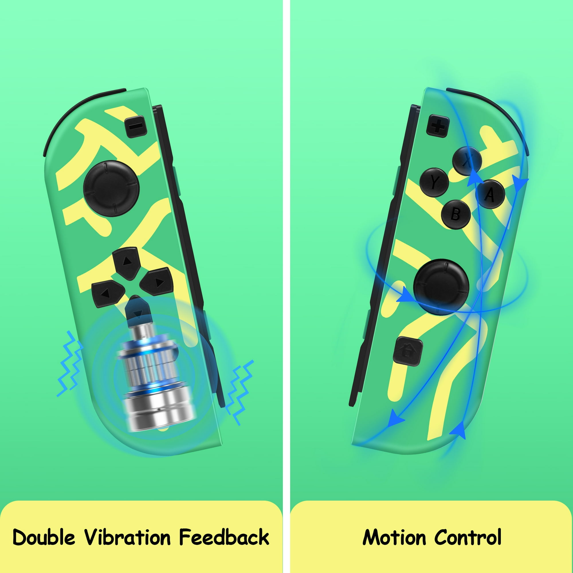 Grüne und gelbe Nintendo Switch Controller, mit doppelter Vibration und Bewegungssteuerung.
