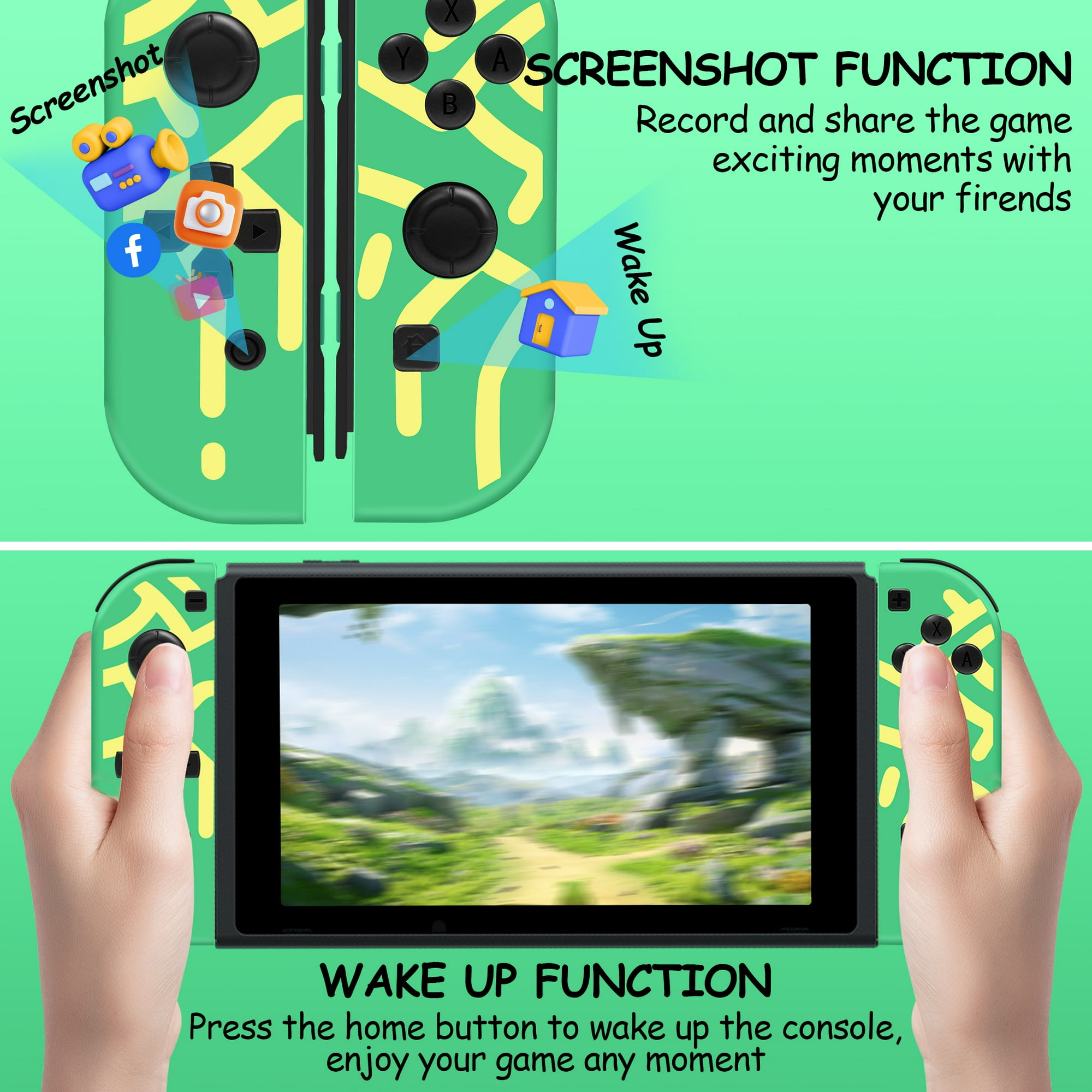 Grüne Spielekonsole mit Screenshot- und Aufwachfunktionen. Hände halten die Konsole, und ein Spiel wird angezeigt.
