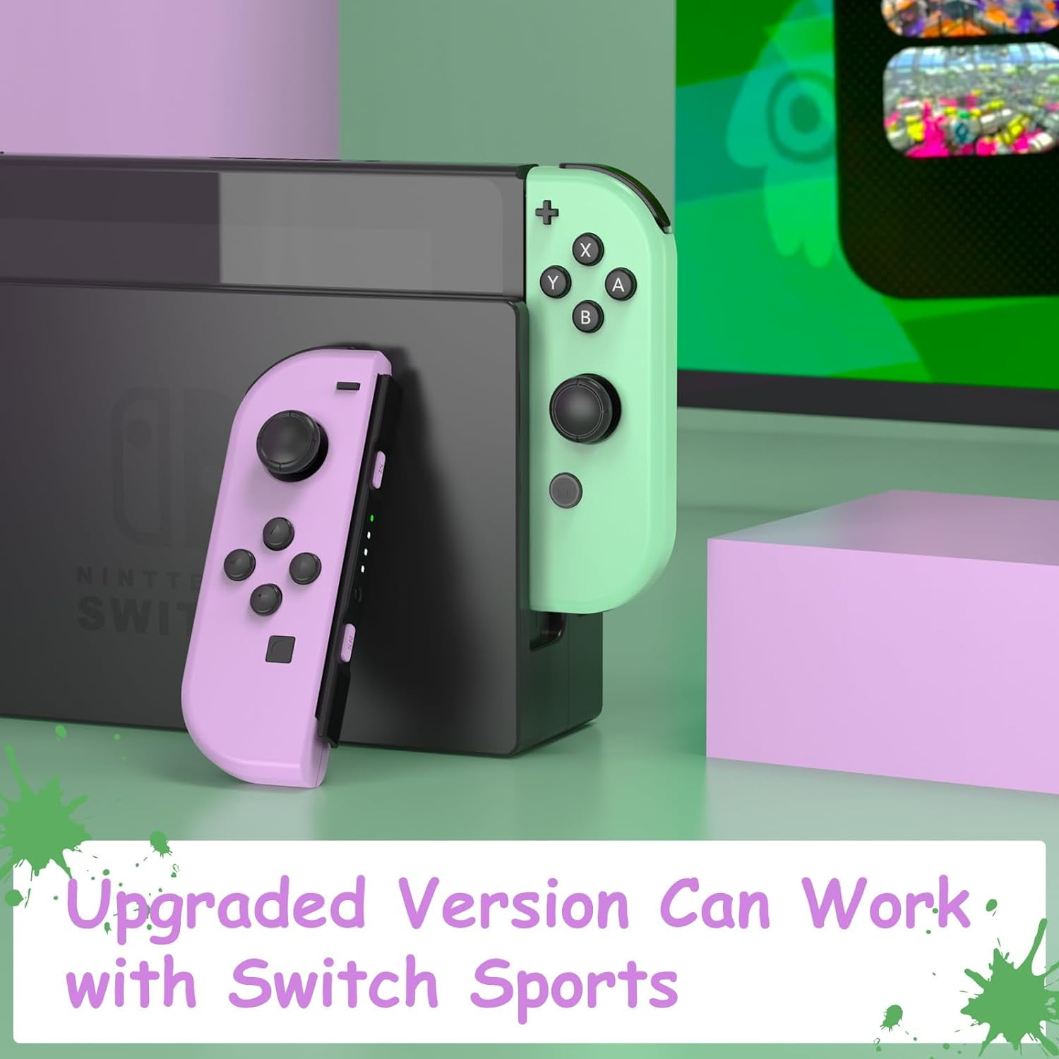 Nintendo Switch-Konsole mit zwei Joy-Cons, pink und grün. Text: Upgraded Version Can Work with Switch Sports.