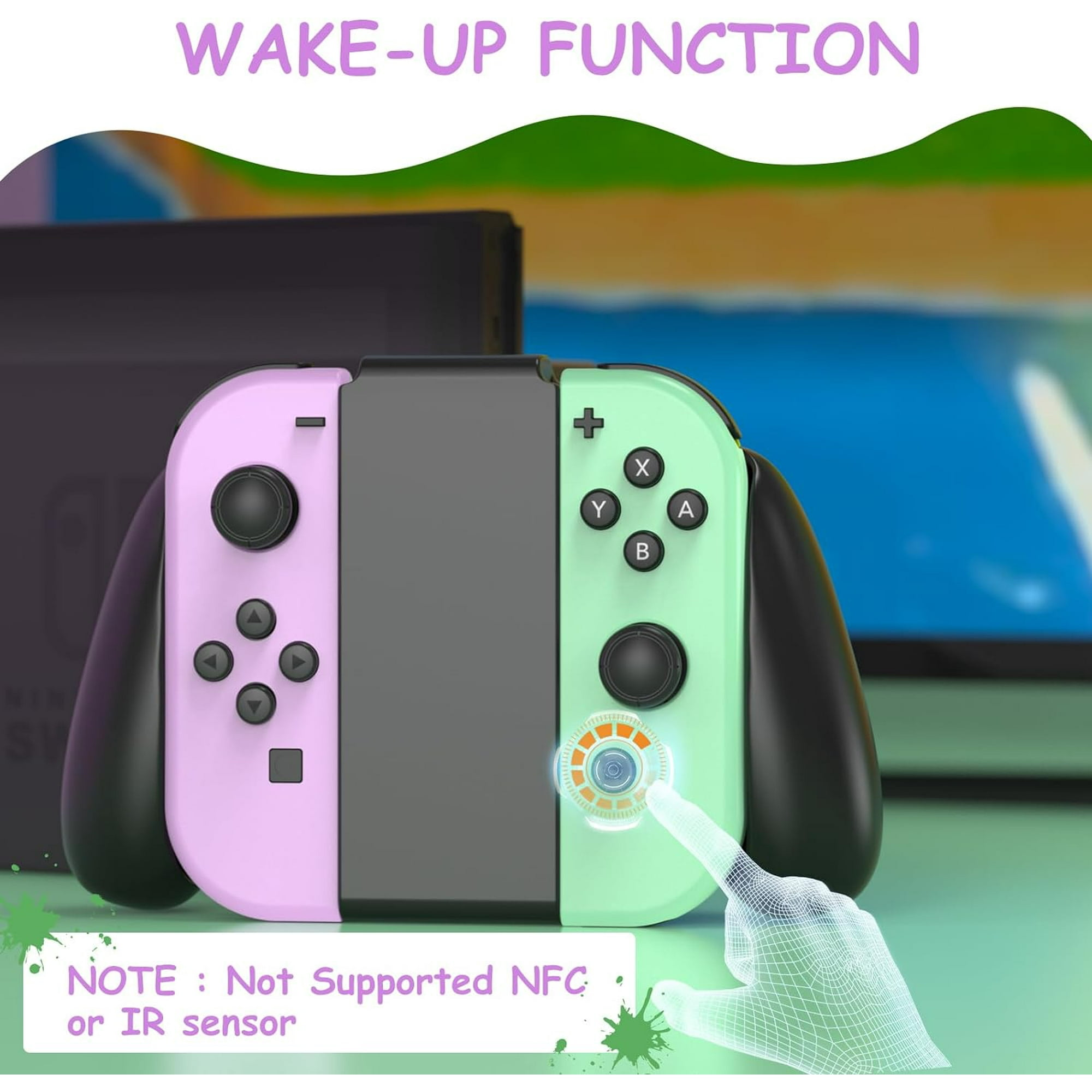 Nintendo Switch Joy-Cons in Rosa und Mintgrün, mit Finger, der den mittleren Knopf berührt.