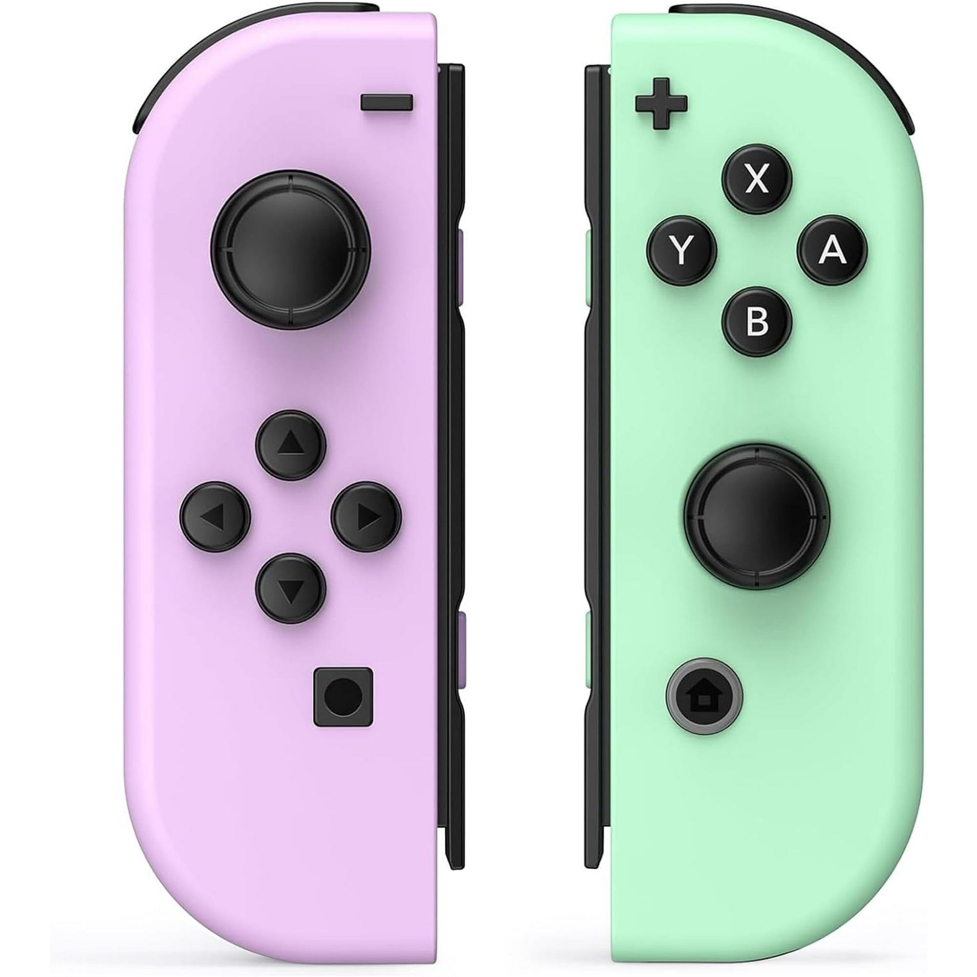 Zwei Gamecontroller. Einer ist lavendelfarben mit schwarzen Knöpfen, der andere mintgrün mit X-, Y-, A- und B-Tasten.