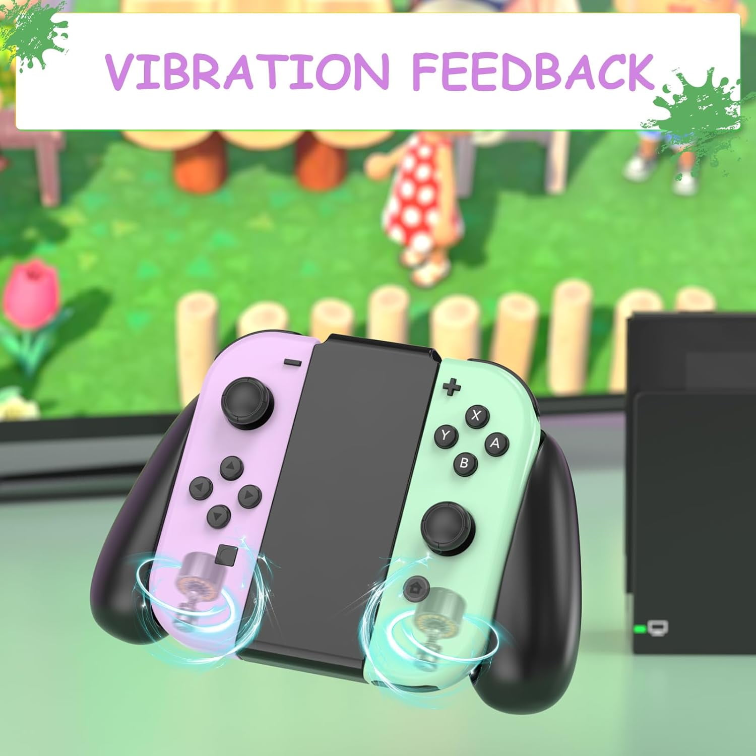 Gaming-Controller in Lila und Grün, mit Vibrations-Feedback. Im Hintergrund: Zeichentrickszene.