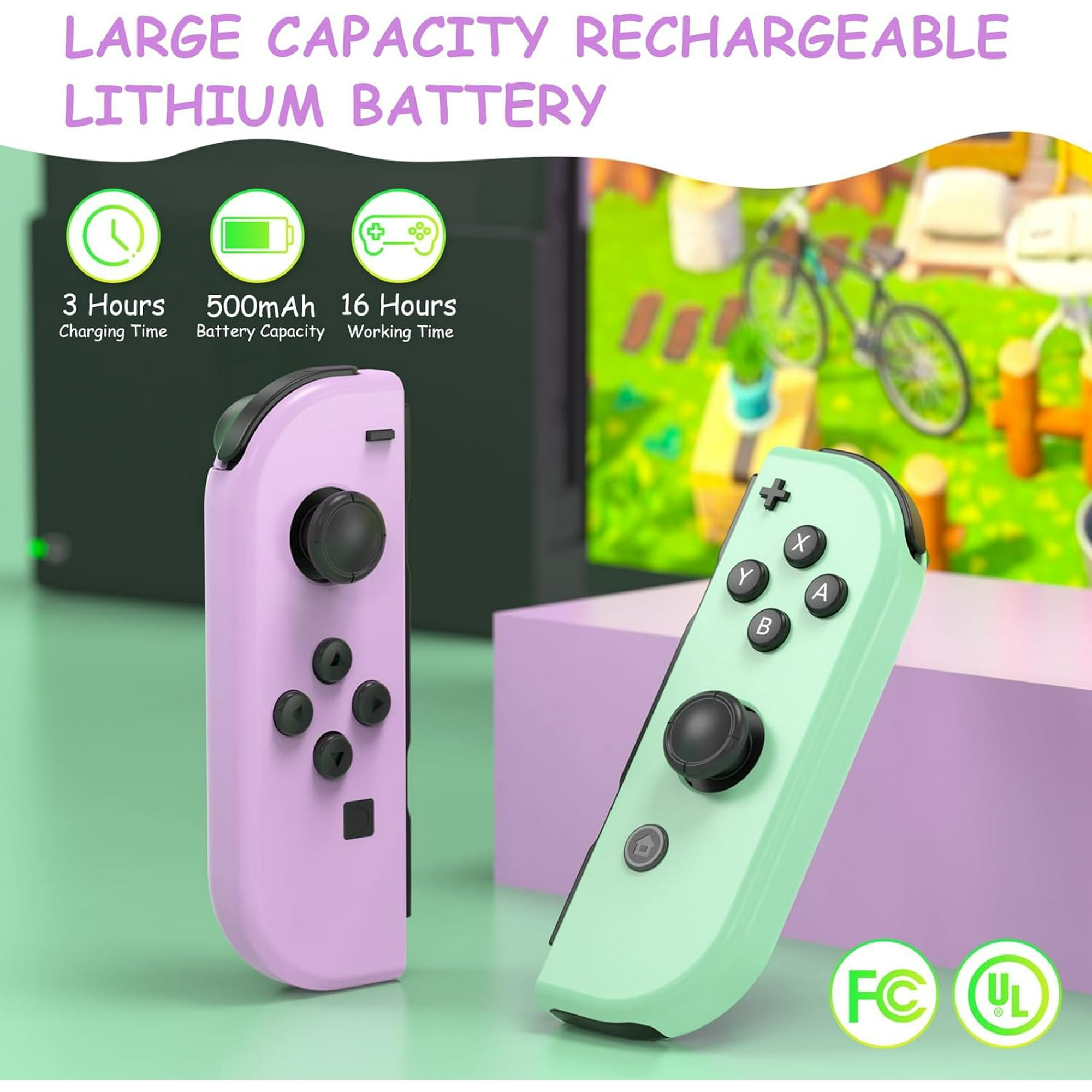 Pinke und grüne Gamecontroller mit Etiketten. Text: 3-Stunden-Ladezeit, 500mAh Akku, 16 Stunden Spielzeit.