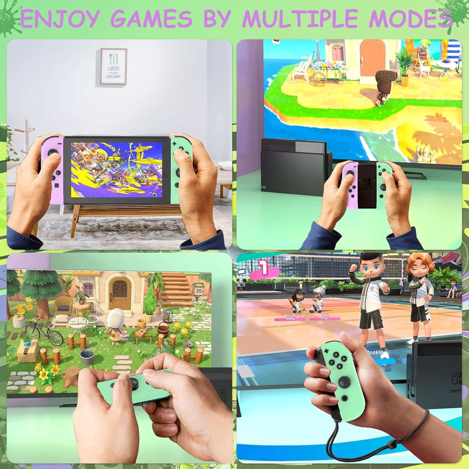 Collage von Leuten, die Spiele auf der Nintendo Switch in verschiedenen Modi und Umgebungen spielen.