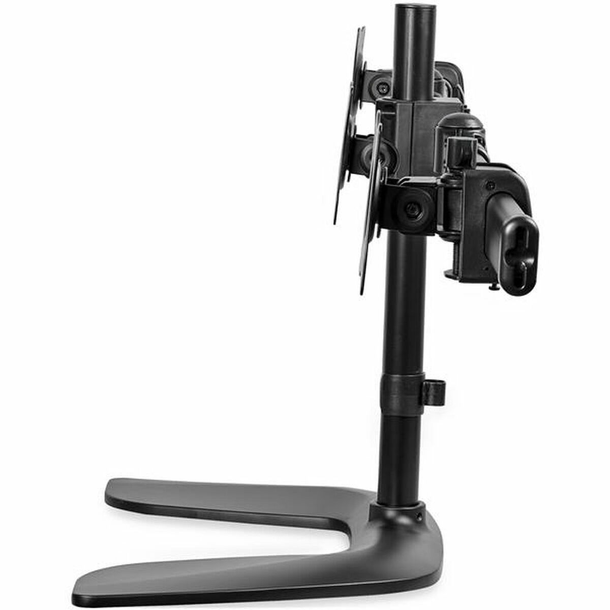 Ein schwarzer Monitorständer mit gebogener Basis, mit einem Monitor befestigt.