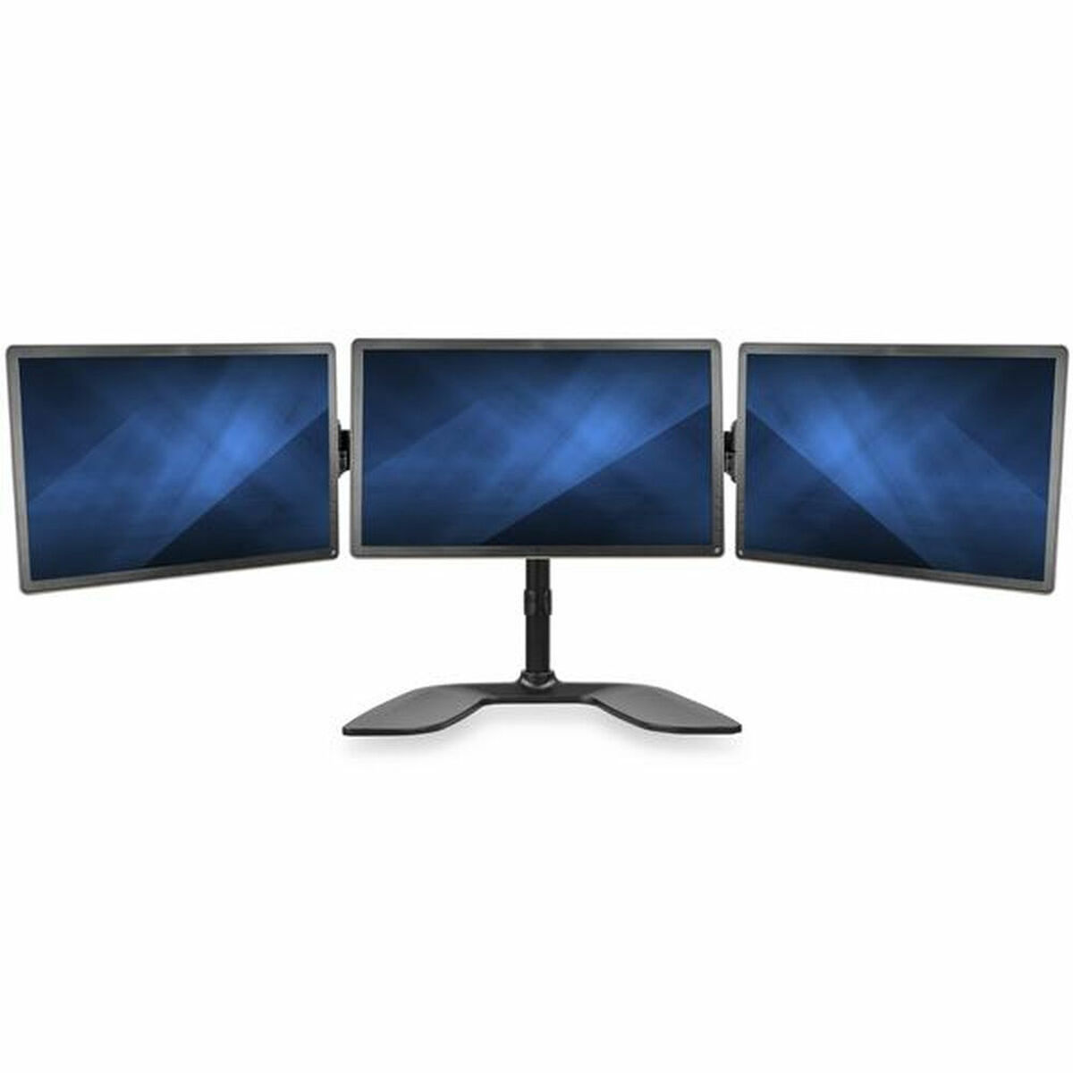 Drei Computermonitore auf einem Ständer. Dunkelblaue Bildschirme und ein schwarzer Sockel.