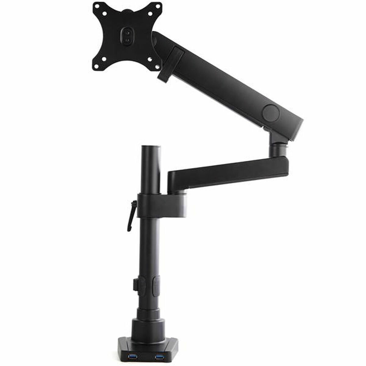 Schwarzer Monitorarm, verstellbar, mit Sockel und Anschlüssen, weißer Hintergrund.