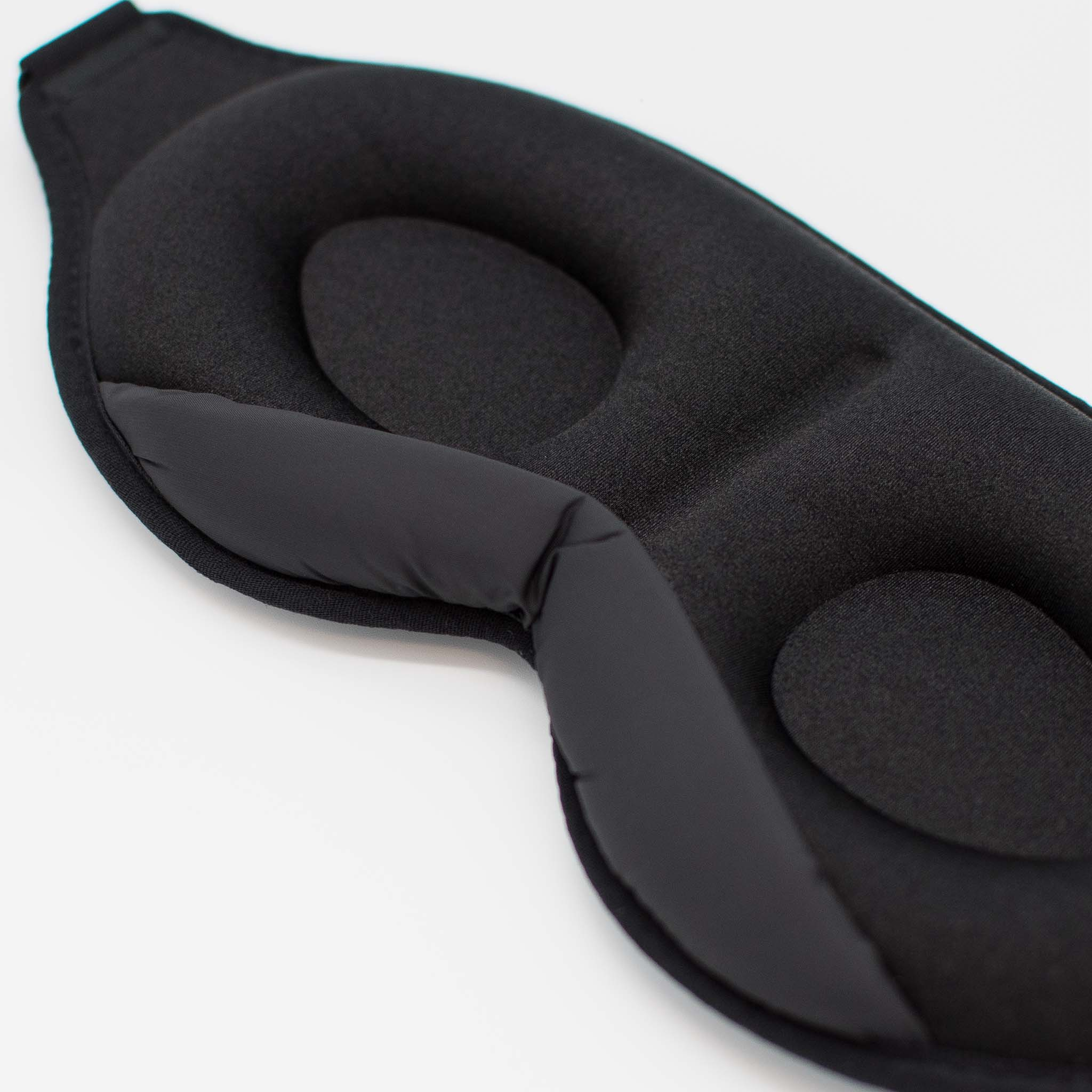 Schwarze Augenmaske auf Weiß. Es hat abgerundete Bereiche für Augen und Nase und ein gebogenes Design.