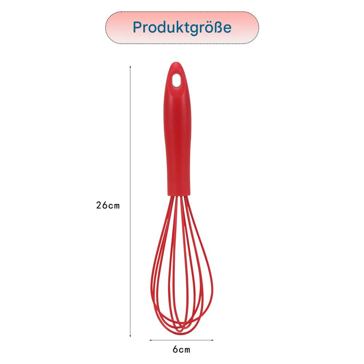 Roter Schneebesen mit rotem Griff und langen, dünnen Drähten. Produktgröße ist angegeben.