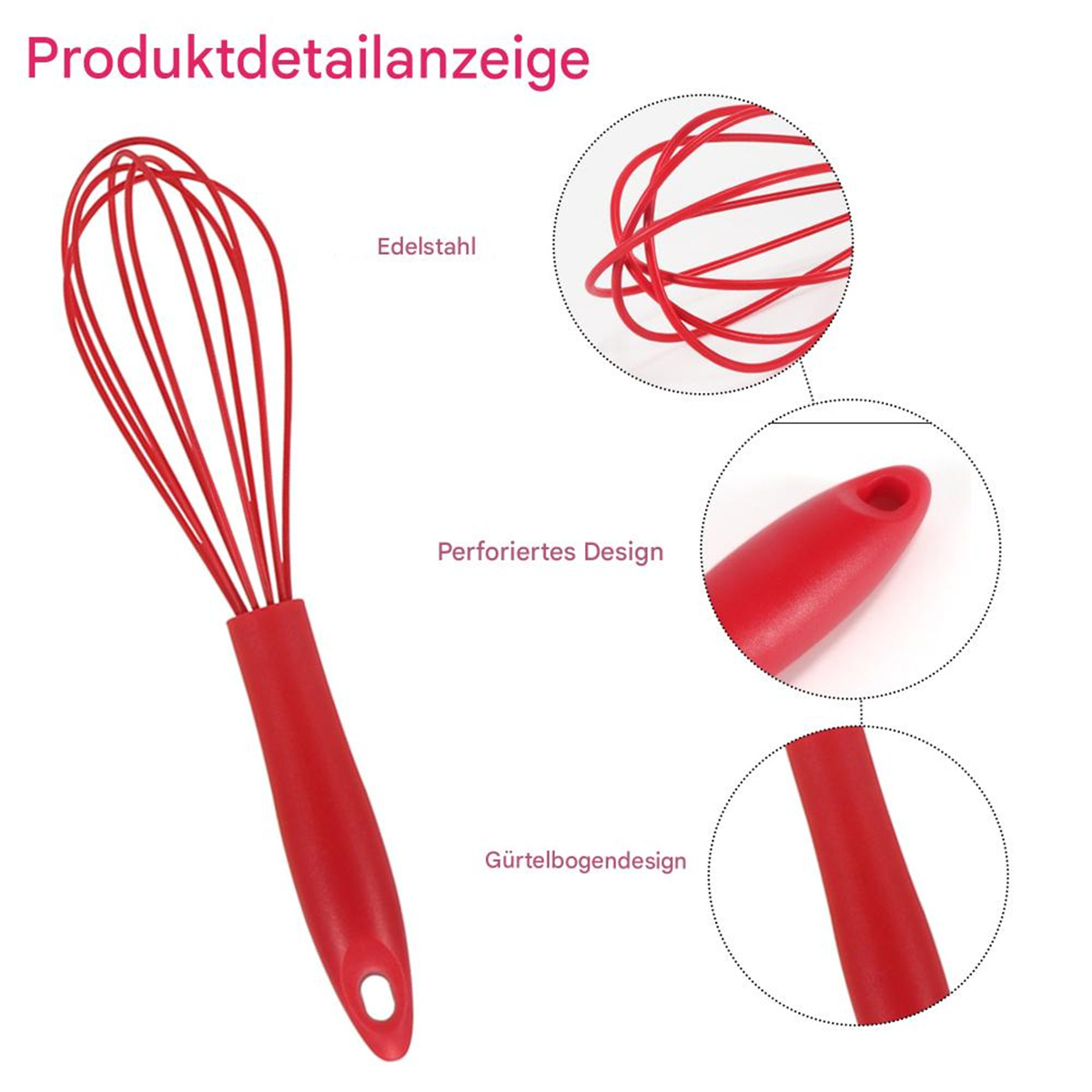 Roter Schneebesen mit Detailansichten. Edelstahl-Schneebesen und roter Griff mit Loch.