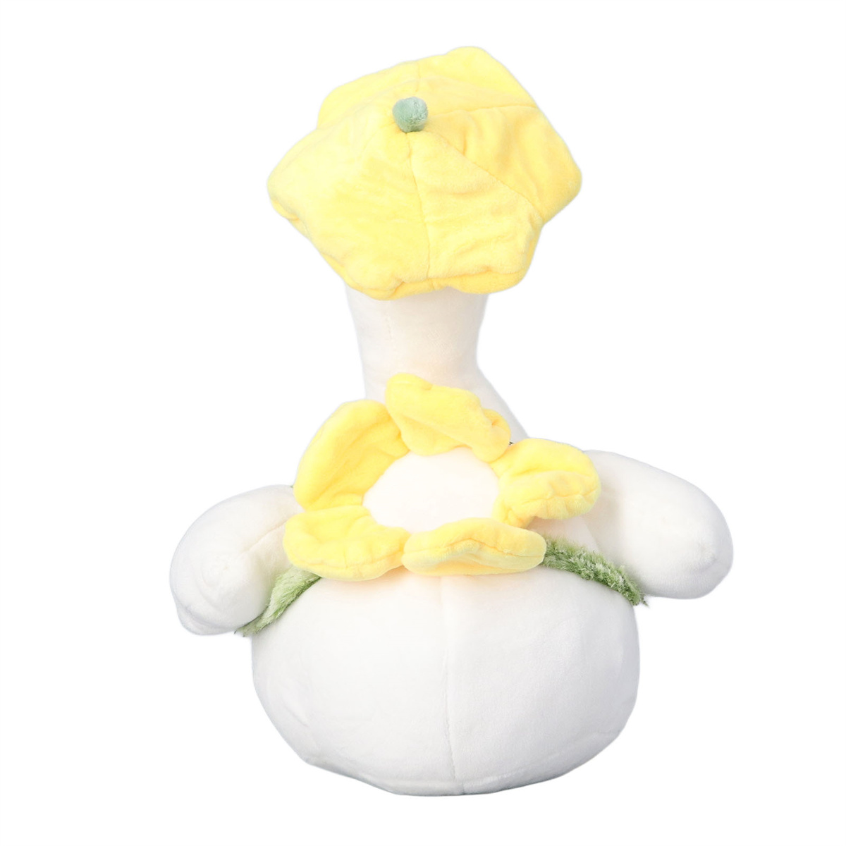 Ein Plüschtier in Form einer weißen Ente mit gelbem Narzissenhut und Blumenkragen.