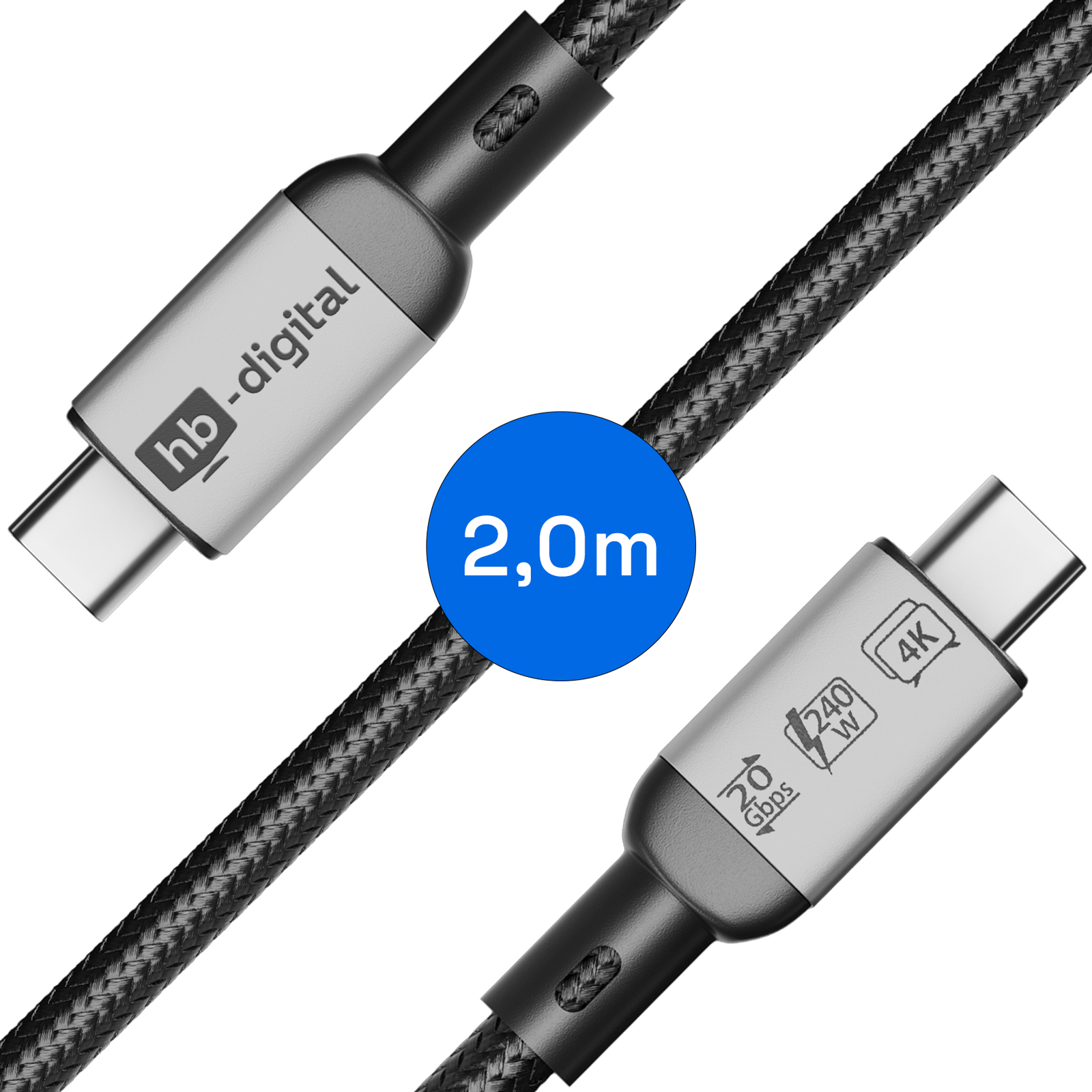 Zwei USB-C-Kabel, silber und schwarz. Der Text lautet '2,0 m' und '20 Gbit/s'.