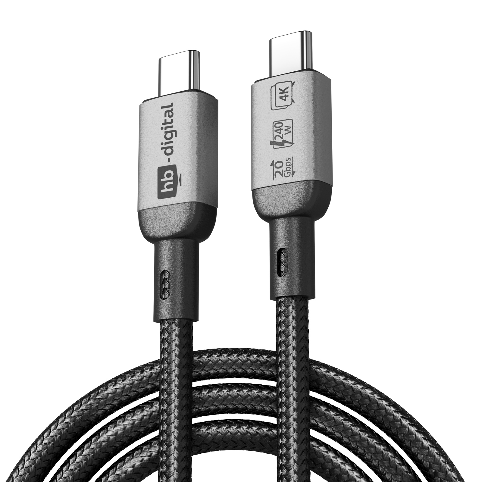 Zwei graue und schwarze USB-C-Kabel mit Text und Logos, die auf einem schwarzen Kabel liegen.