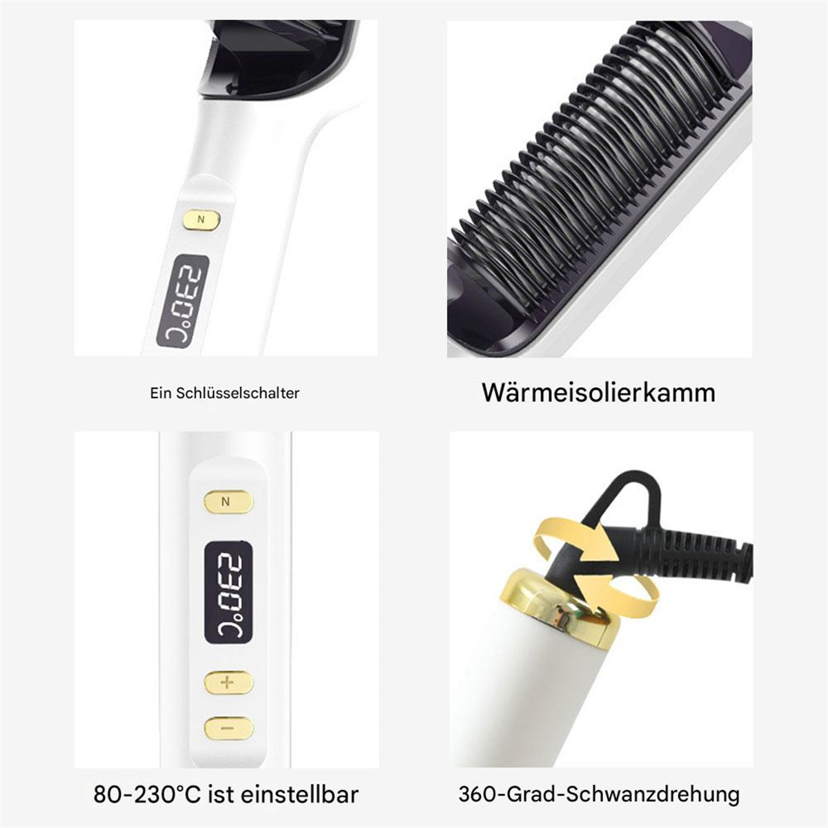 Haarglätter, weiß, mit Temperaturanzeige und Kamm. Zu den Merkmalen gehören ein Schlüsselschalter und ein Drehgelenk.