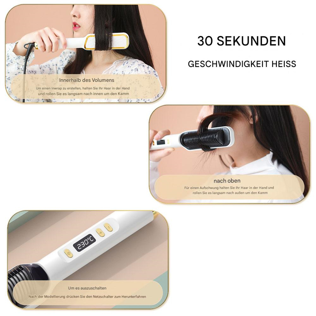 Drei Bilder zeigen eine Frau, die einen Haarglätter benutzt. Der Glätter ist weiß und hat eine digitale Anzeige.