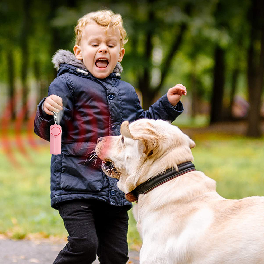 Ein Kind und ein Hund in einem Park. Das Kind hält einen rosa Alarm, mit einem roten Effekt um sich herum.