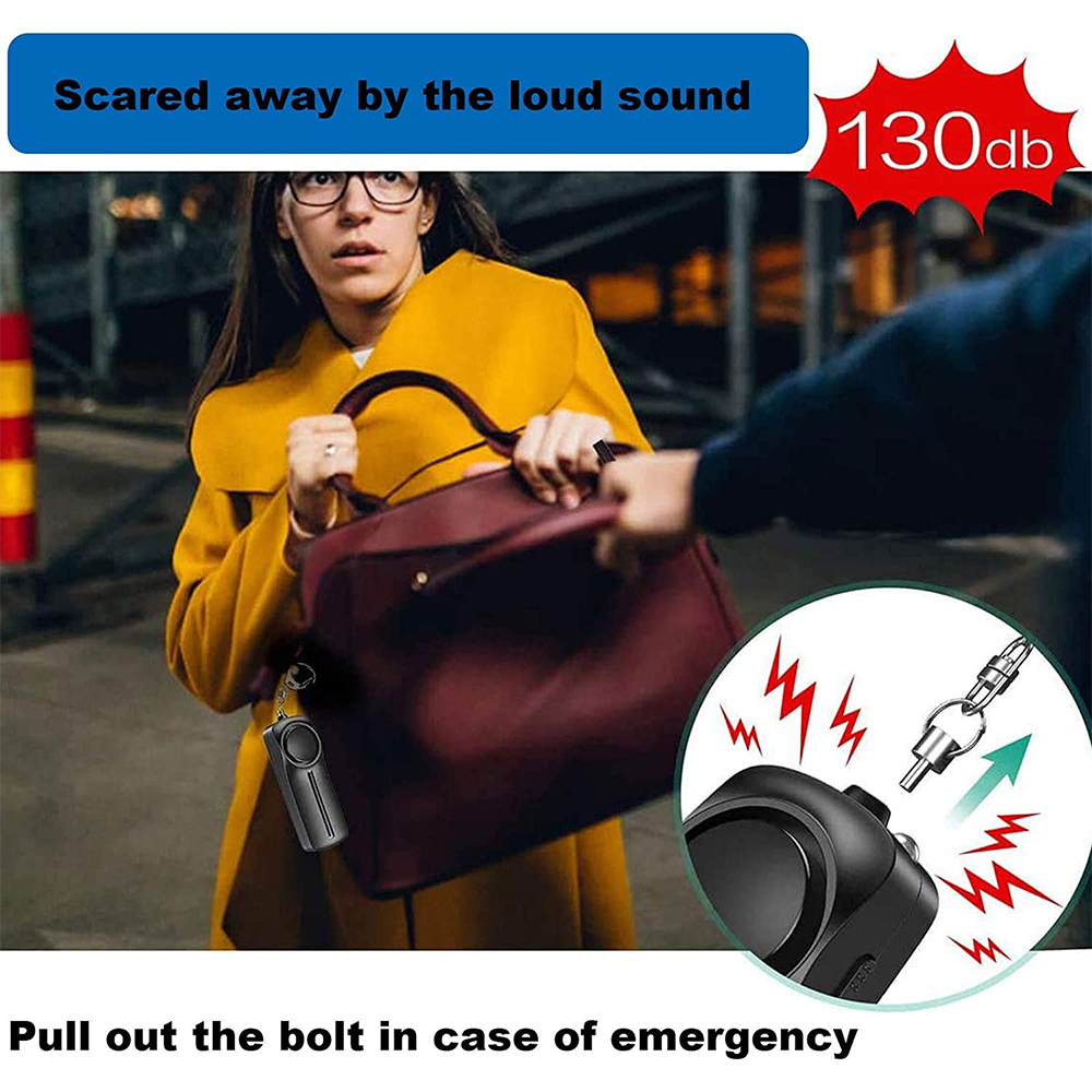 Frau erschreckt durch Geräusch, ein Sicherheitsalarm und ein Bolzen zum Herausziehen im Notfall.