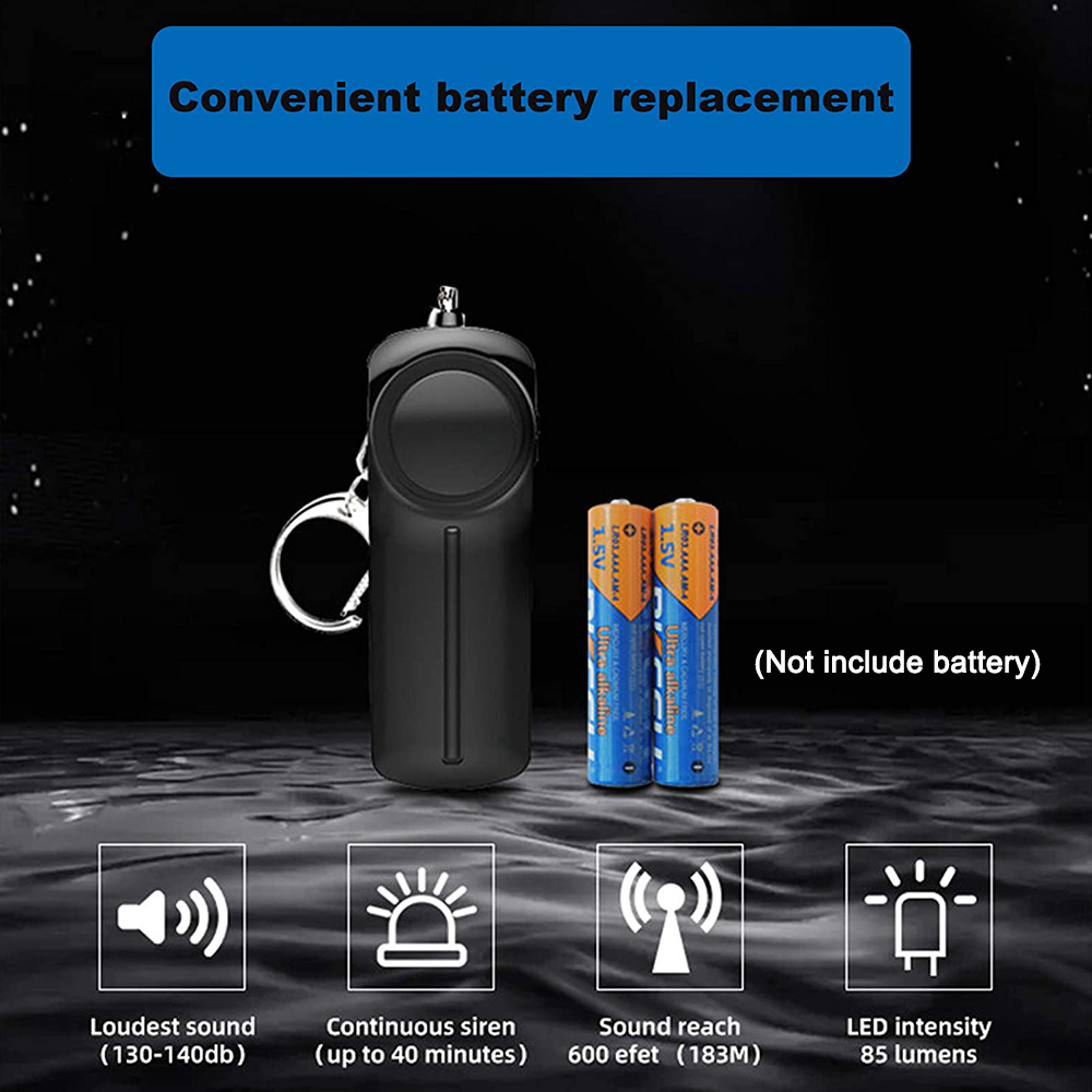 Schwarzer persönlicher Sicherheitsalarm mit Schlüsselanhänger, zwei Batterien und Symbolen, die Funktionen und Ton anzeigen.