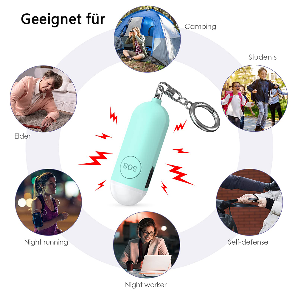 Ein türkisblauer SOS-Alarm-Schlüsselanhänger. Gezeigt mit Symbolen für ältere Menschen, Camping usw.
