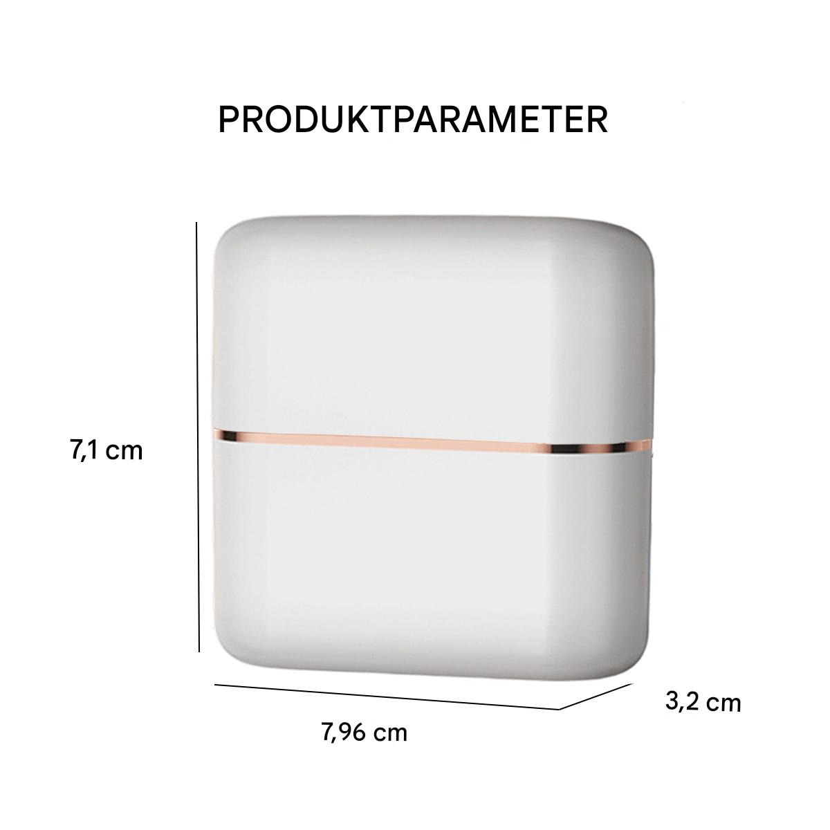 Weiße, rechteckige Produktverpackung mit Abmessungen in Zentimetern, roségoldener Streifen.
