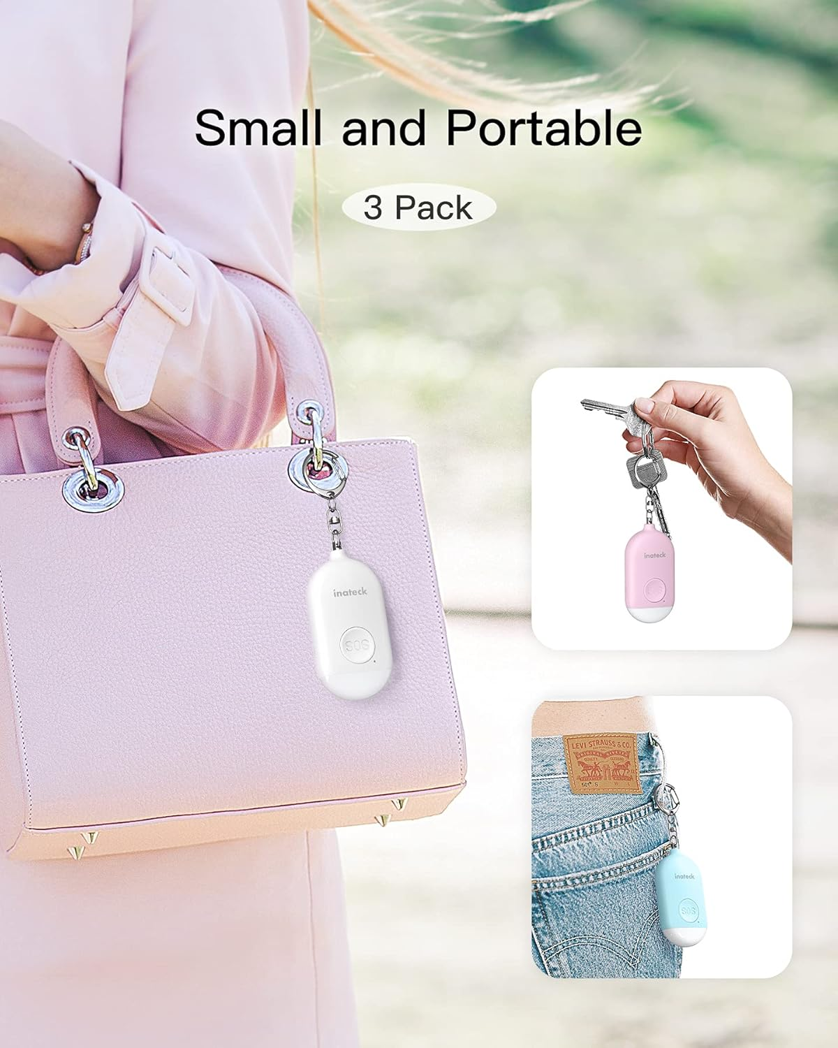 Das Bild zeigt eine rosa Handtasche mit einem weißen Tracker und zwei weiteren Trackern in Rosa und Blau.