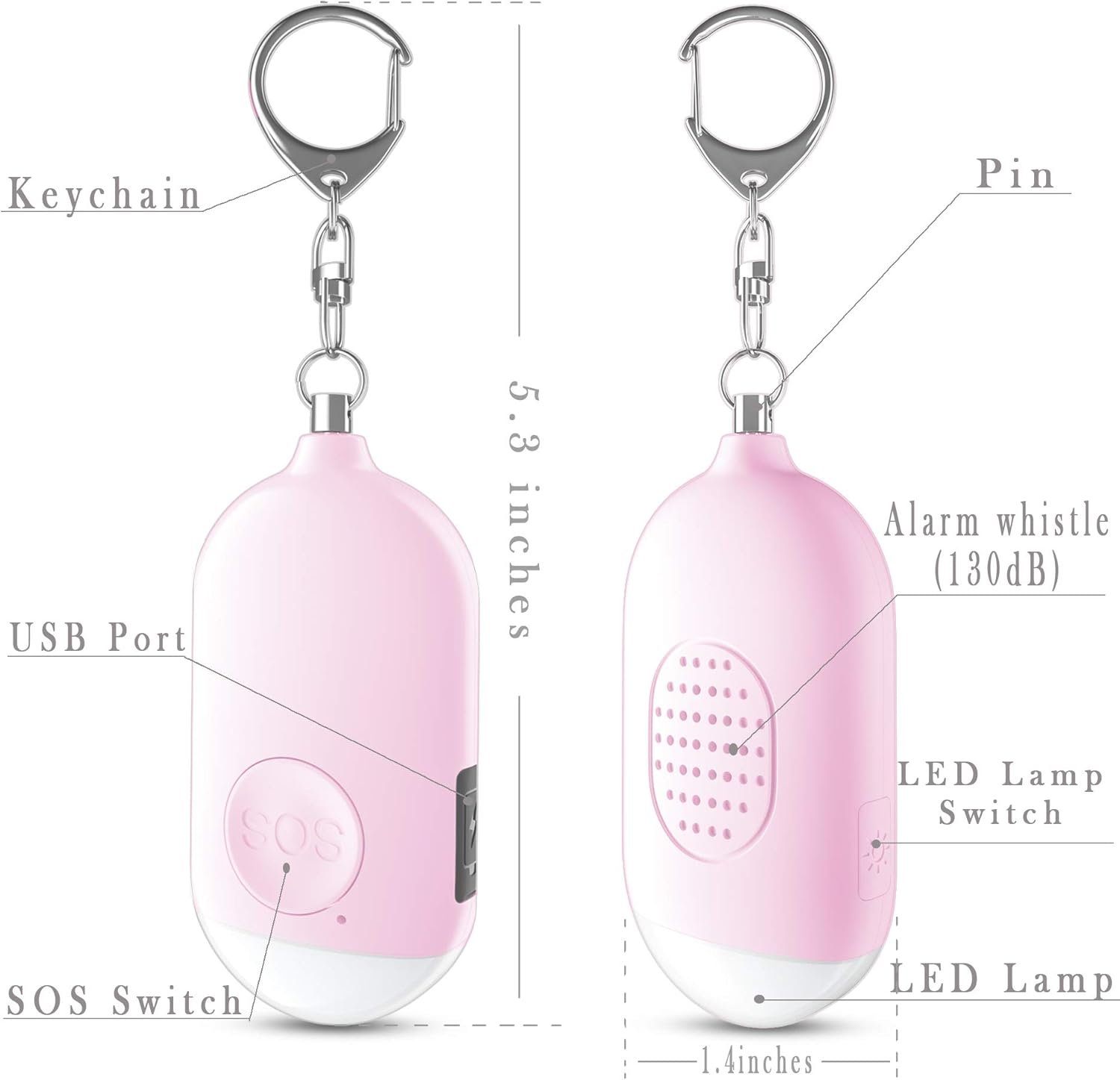 Rosa persönlicher Alarm mit Schlüsselanhänger, USB-Anschluss, SOS-Schalter und LED-Lampe. Er hat eine Alarmsirene.