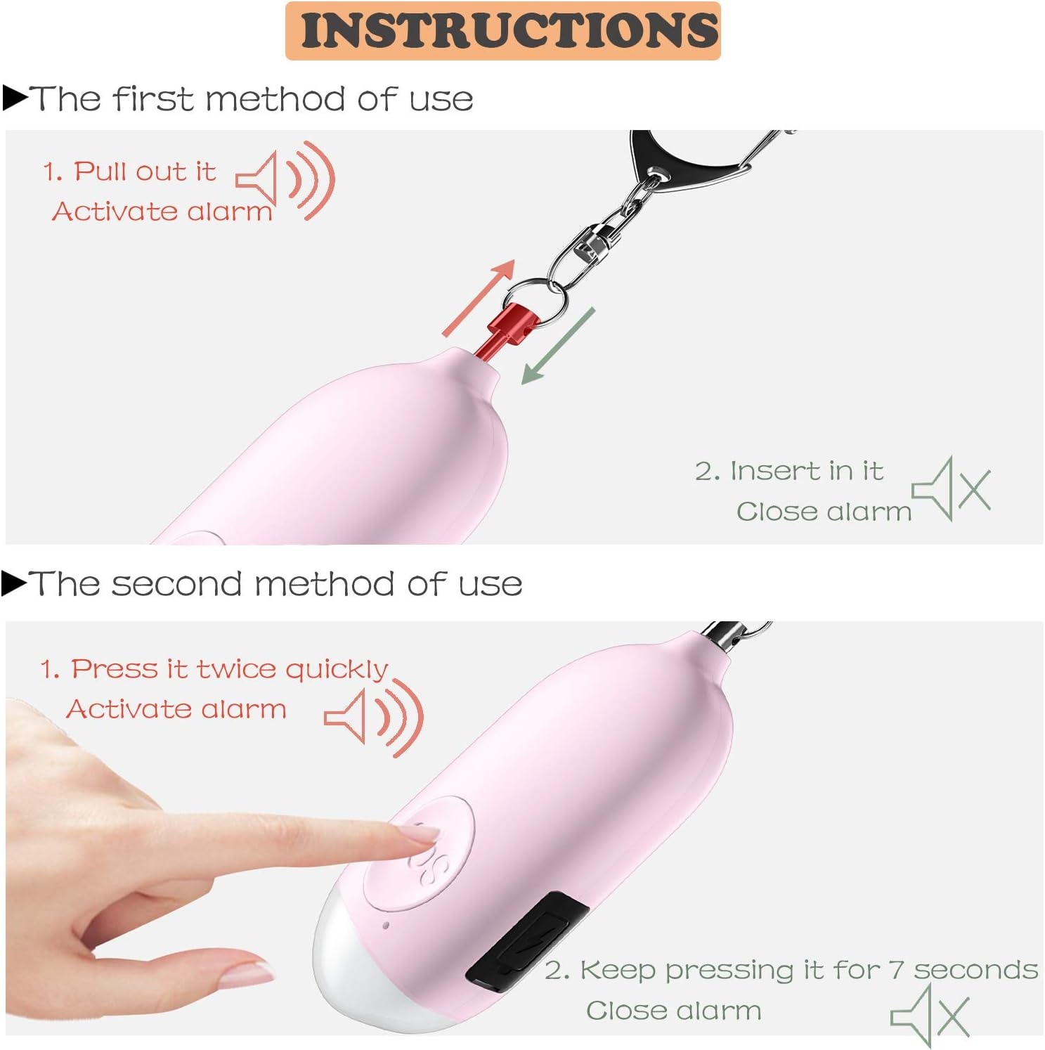 Anweisungen zur Verwendung eines rosa persönlichen Alarms mit Diagrammen.
