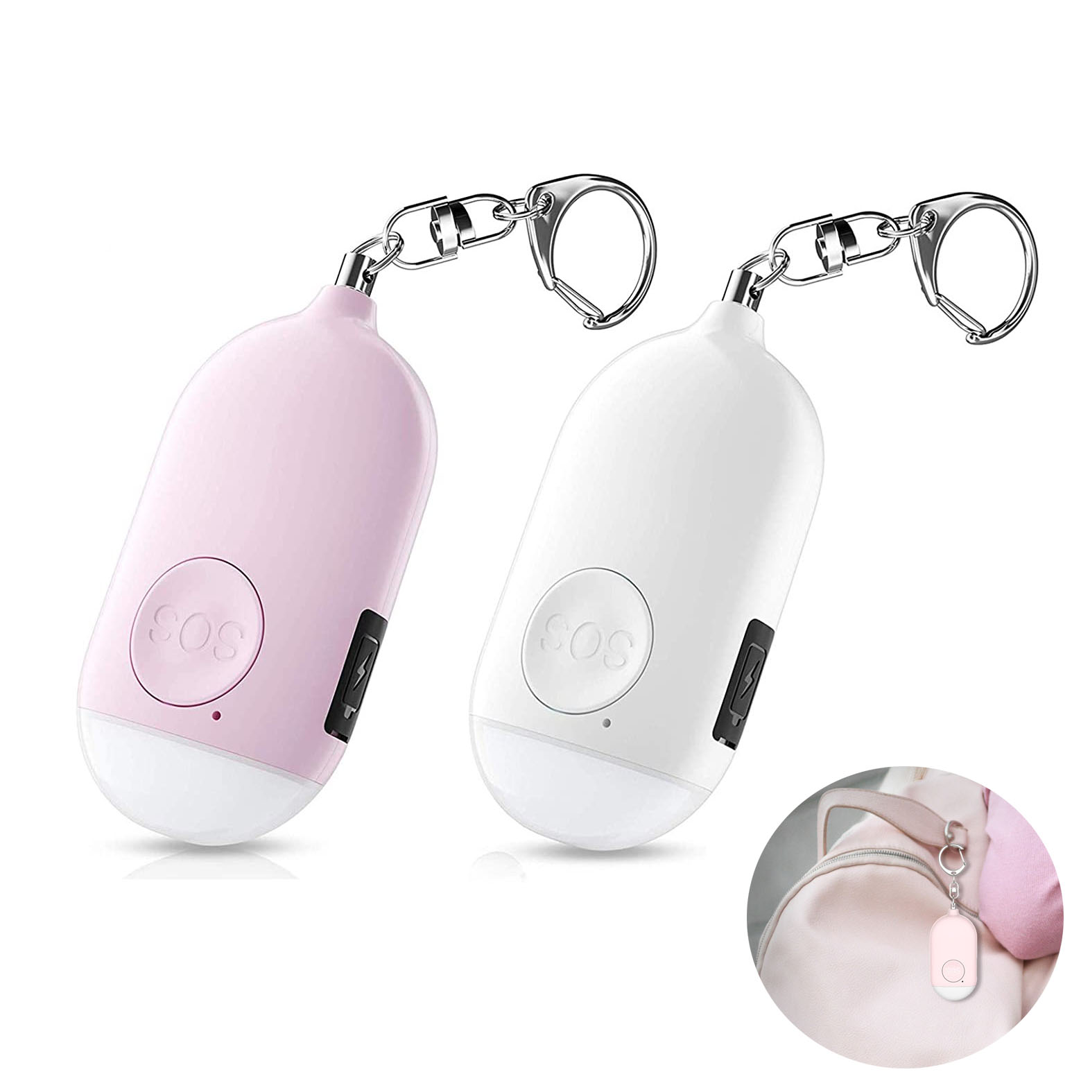 Zwei persönliche Sicherheitsalarme, einer rosa und einer weiß, mit Schlüsselanhänger und SOS-Taste.