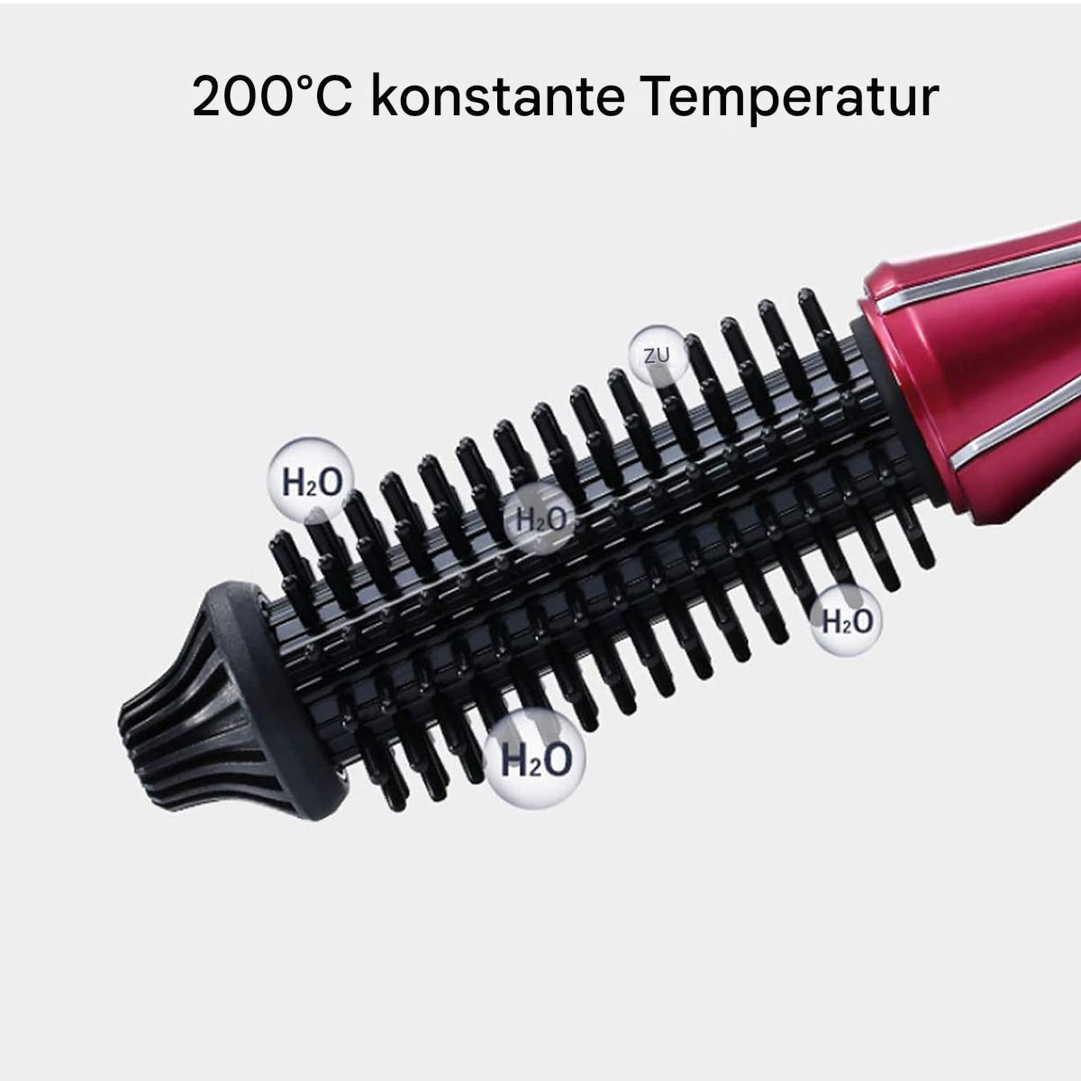 Haarstylingbürste mit Dampf. Text: 200°C konstante Temperatur. H2O-Symbole. Haartrockner im Hintergrund.