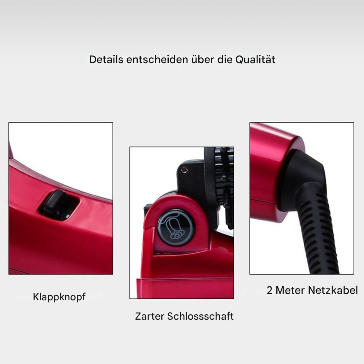 Nahaufnahmen eines roten Haarstyling-Tools. Enthält einen Knopf, eine Verriegelungswelle und ein Netzkabel.