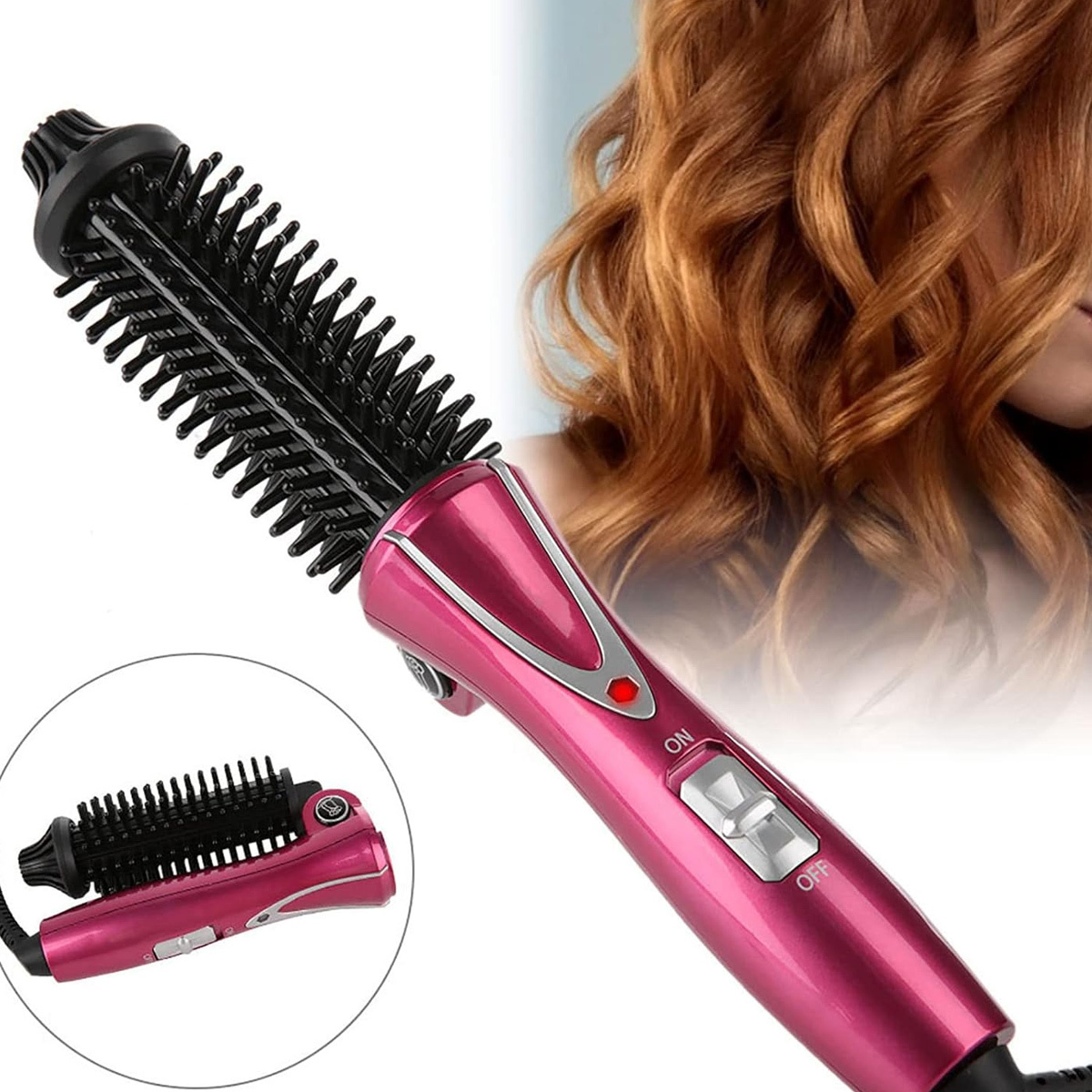 Eine rosa Haarbürste mit einem schwarzen Borstenkopf und einem angebrachten rosa Griff.