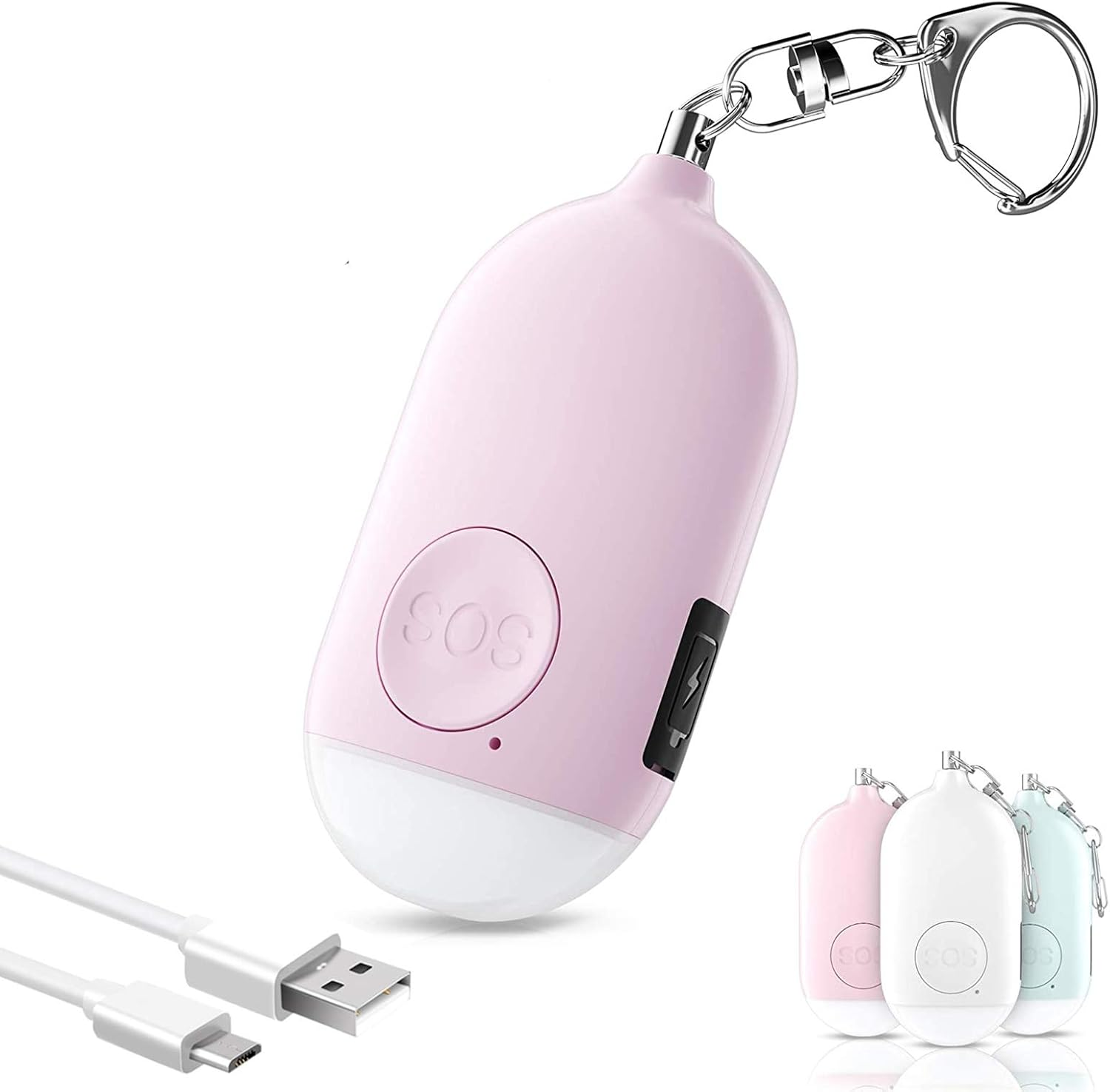 Rosa SOS-Alarm-Schlüsselanhänger, weißer Boden, mit USB-Ladekabel und Farben.