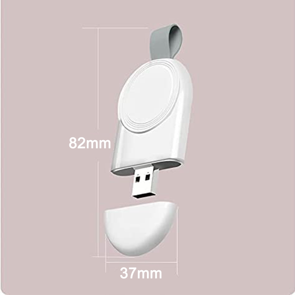 Ein weißes Ladegerät mit USB-Anschluss und Schlaufe für eine Uhr.
