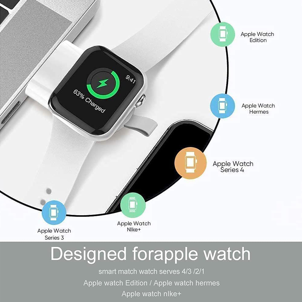 Eine Smartwatch mit Ladeanzeige. Symbole für verschiedene Apple Watch Modelle werden gezeigt.