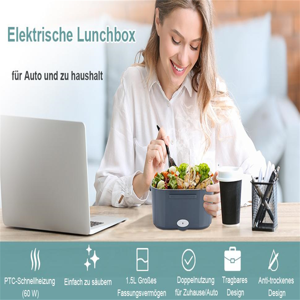 Frau isst aus einer elektrischen Lunchbox. Graue Lunchbox auf einem Schreibtisch mit Laptop.
