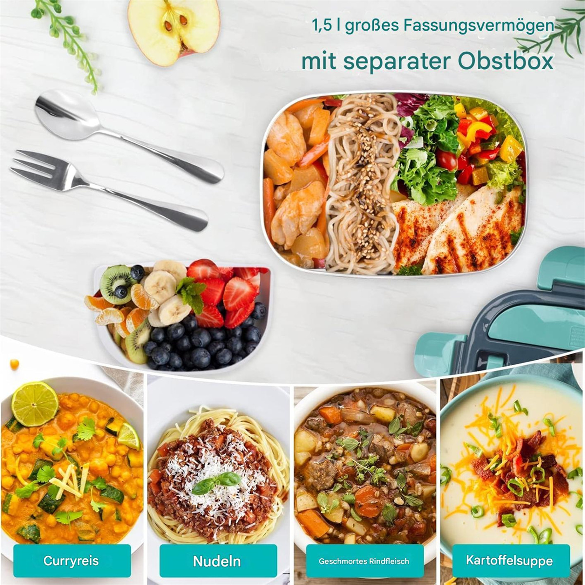 Eine Lunchbox mit Essen, mit separaten Fächern. Außerdem vier kleine Schalen mit Essen.