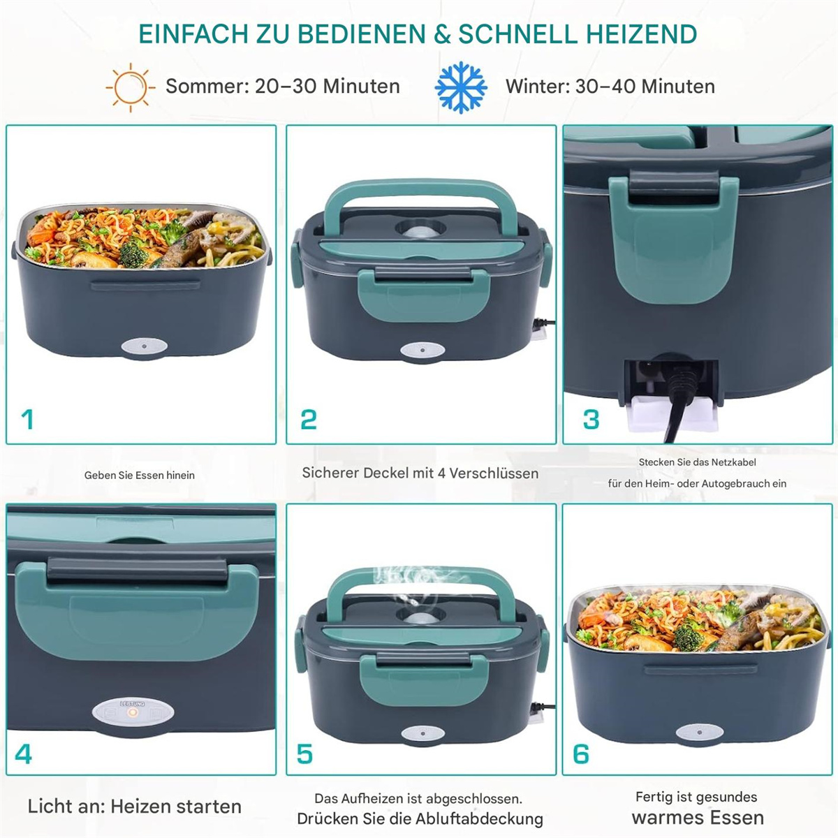 Eine Lunchbox mit Essen darin, mit Schritten, die zeigen, wie man sie erhitzt.