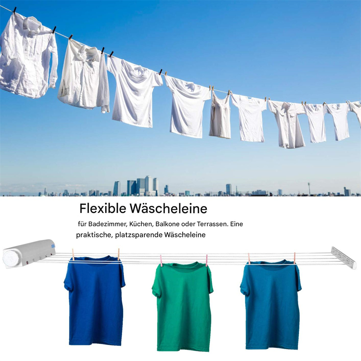 Wäscheleine mit weißen Hemden und blauen, grünen und blauen T-Shirts. Gebäude und Himmel im Hintergrund.