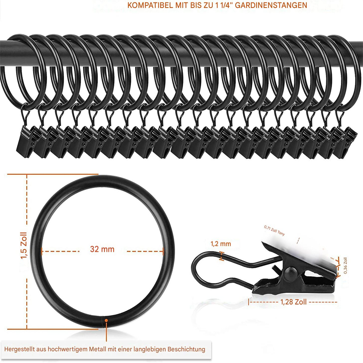 Satz schwarzer Gardinenringe mit Clips, mit Maßen und Details.