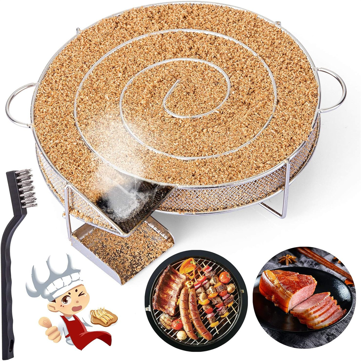 Raucher mit Holzchips und Essen. Ein Koch mit Daumen hoch ist ebenfalls sichtbar.