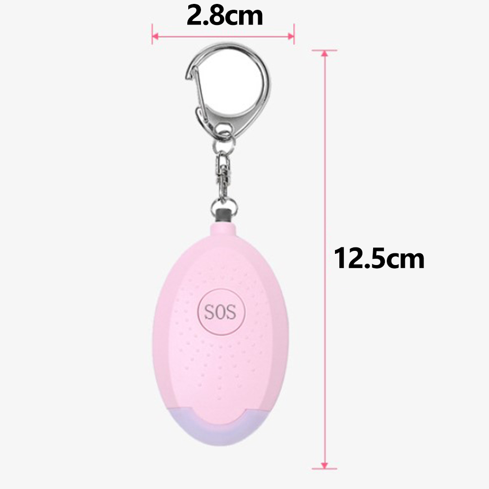 Ein rosa SOS-Alarm-Schlüsselanhänger. Es hat einen silbernen Ring und einen Knopf mit 'SOS' darauf.