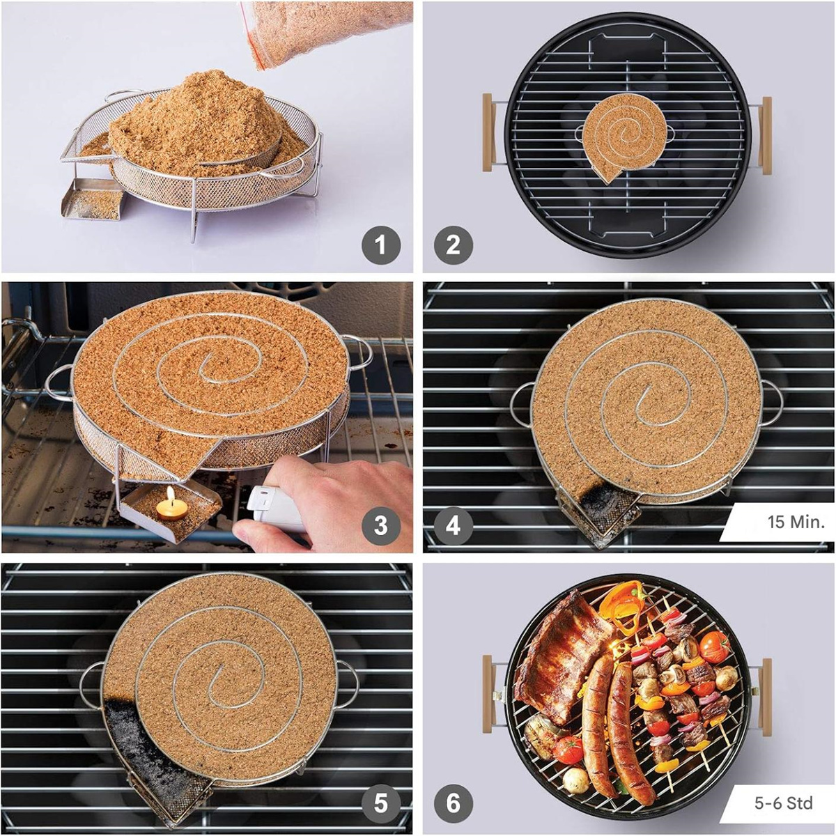 Schritte zur Verwendung eines Smokers. Zeigt eine Spirale aus Holzspänen, die angezündet und auf einen Grill mit Essen gelegt wird.