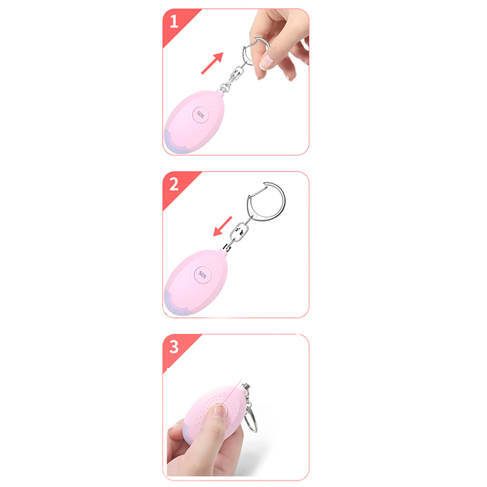 Ein rosa persönlicher Sicherheitsalarm mit silberner Kette und Schlüsselanhänger. Schritte zeigen die Benutzung.