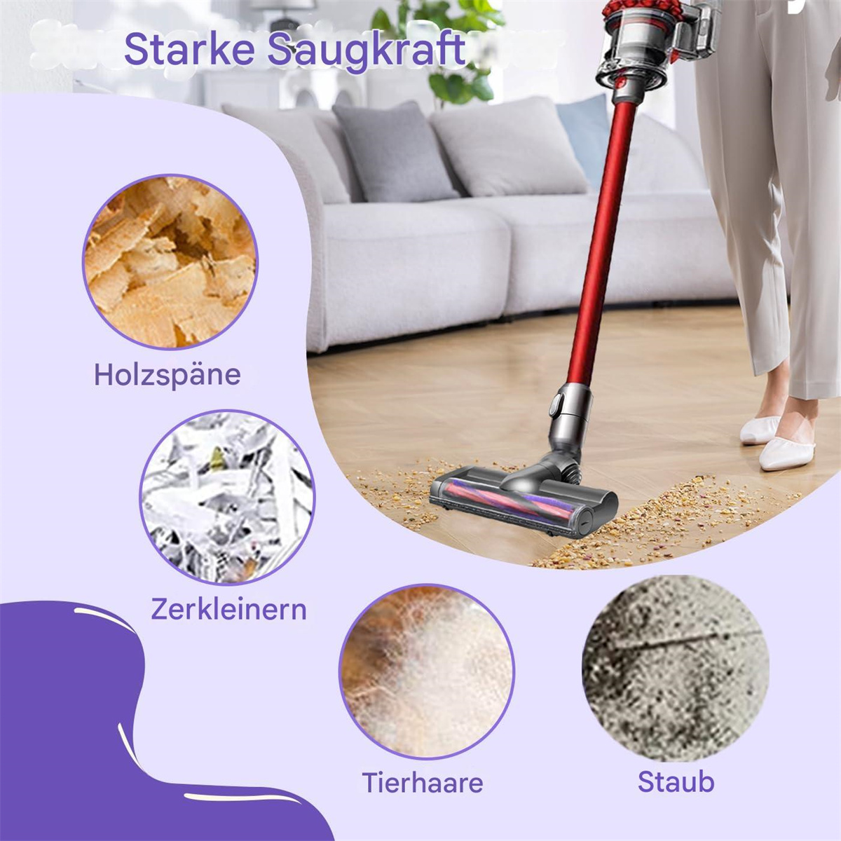 Staubsauger reinigt Holzboden. Staub, Haare und Holzspäne werden hervorgehoben.