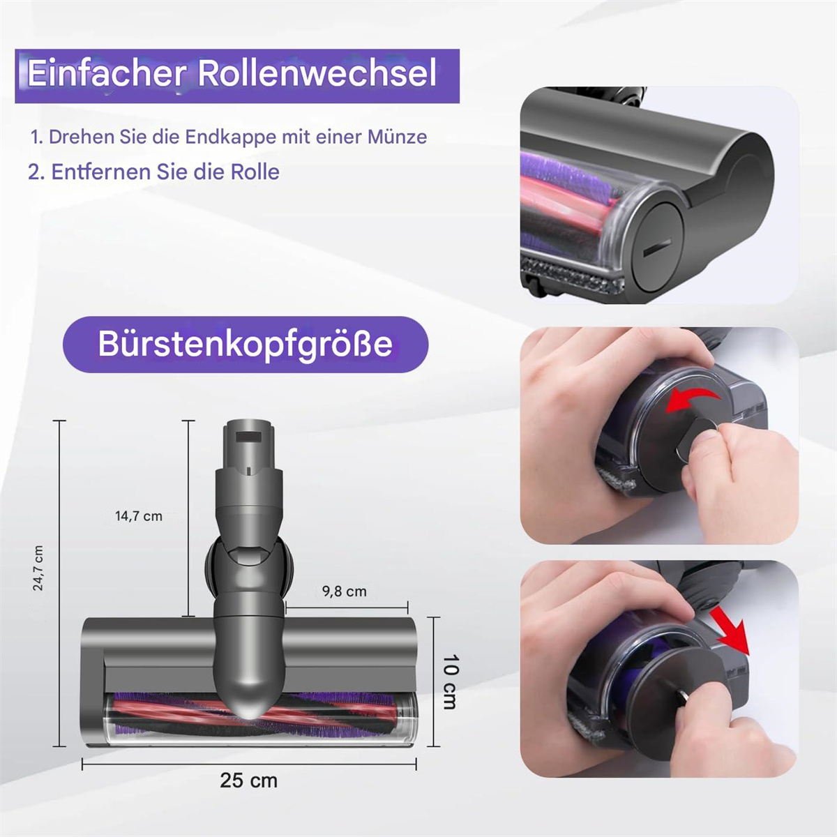 Staubsaugeraufsatz mit Abmessungen; die Oberseite zeigt, wie man die Rolle wechselt.